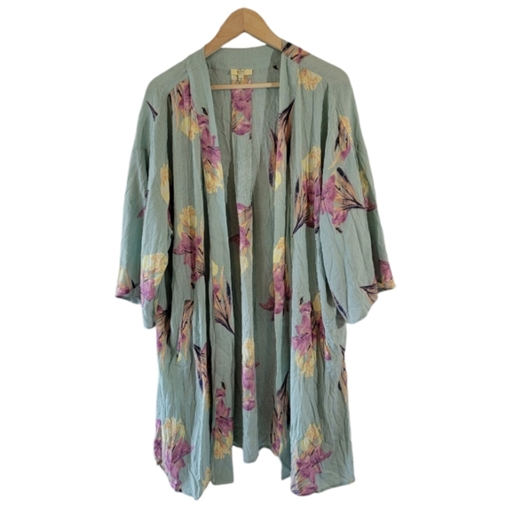NEW KORI Blue Floral Kimono Top Sz L Back Lace-Up Open Front Beachy Cottagecore - Picture 1 of 12